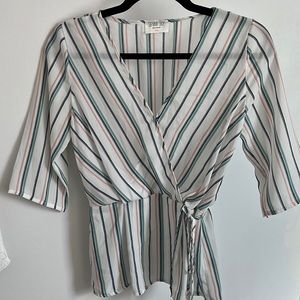 Sienna Sky XS white with  Seafoam Green, pink, and navy Faux Wrap Blouse